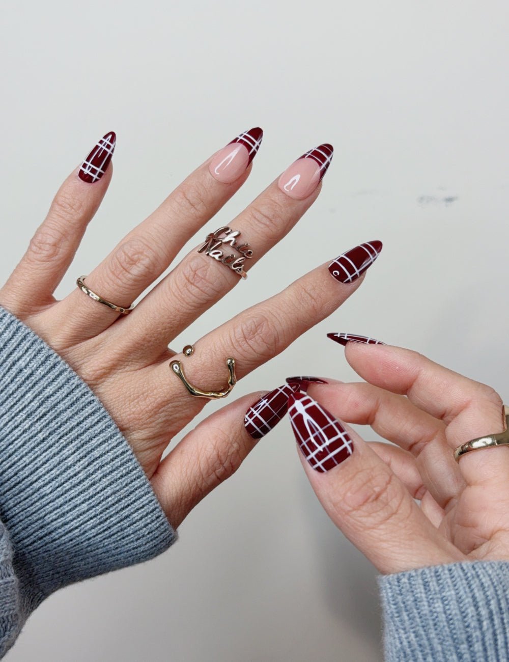Burgundy Plaid French Medium Almond Press On Nails