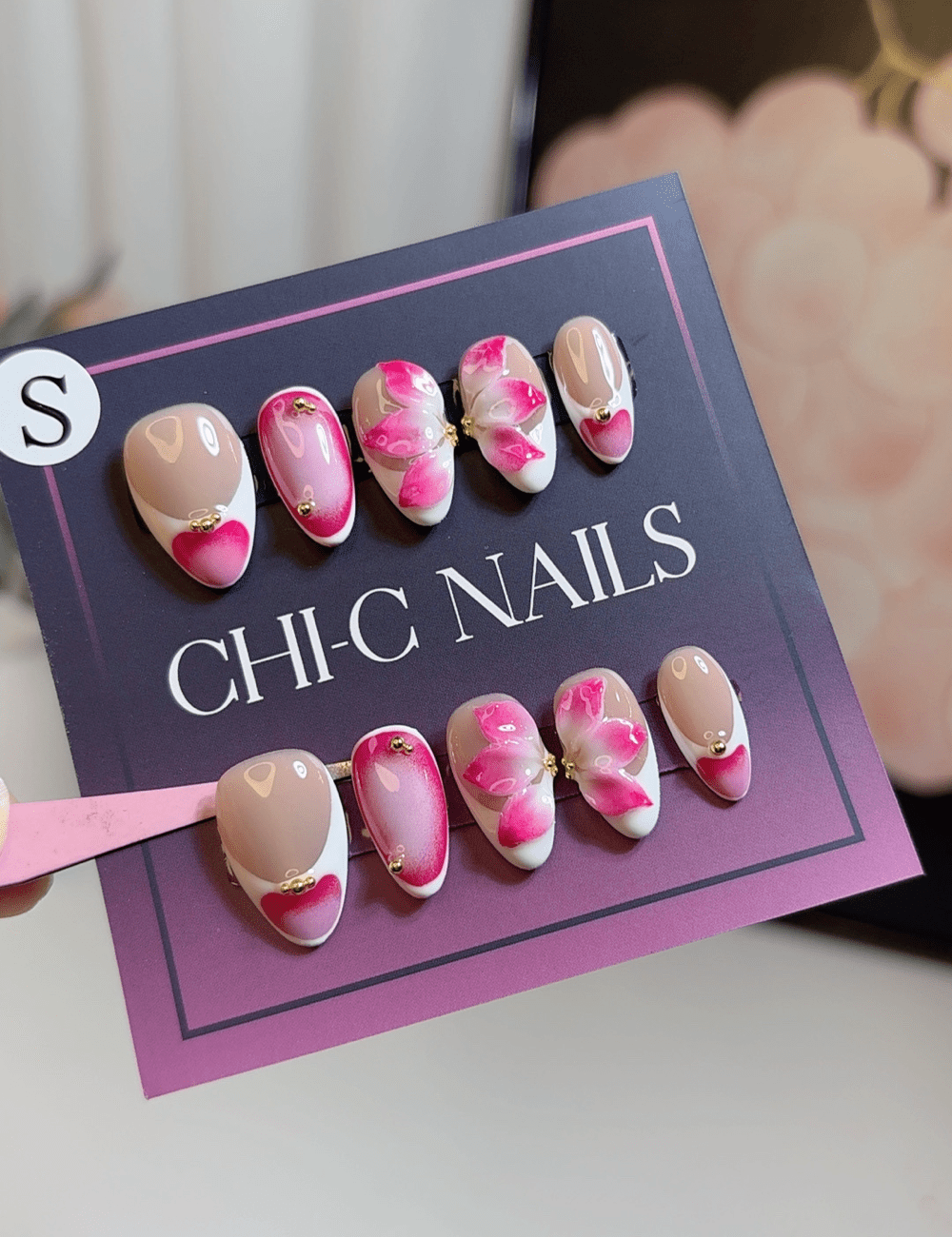 Hot Pink Floral Press-On Nails – 3D Orchid Petals with Ombre Design