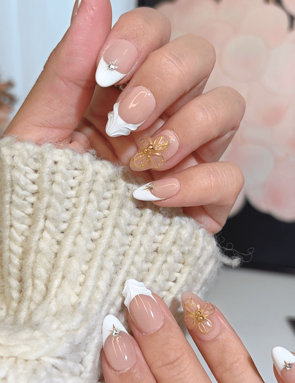 Elegant Gold Flower & French Tip Press-On Nails