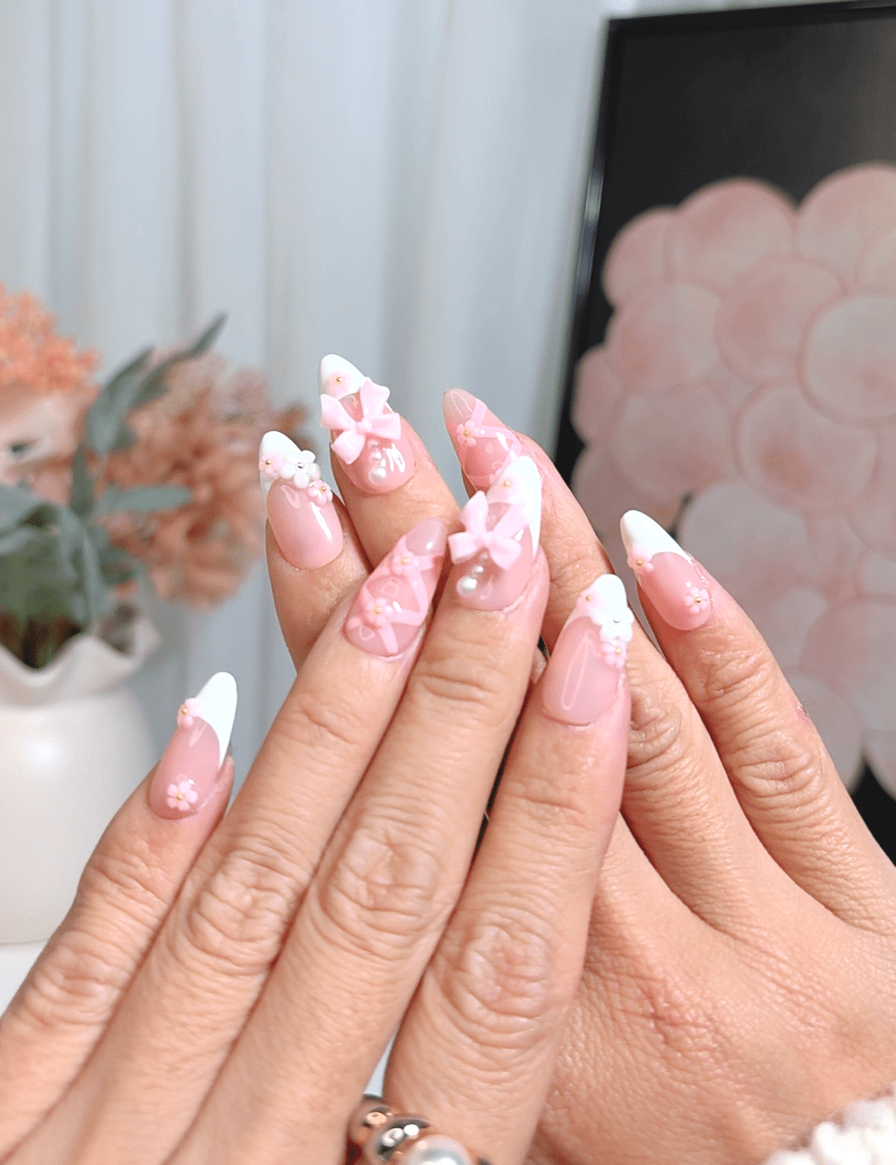 Pink Bows & Blossoms | Short Almond Press-On Nails