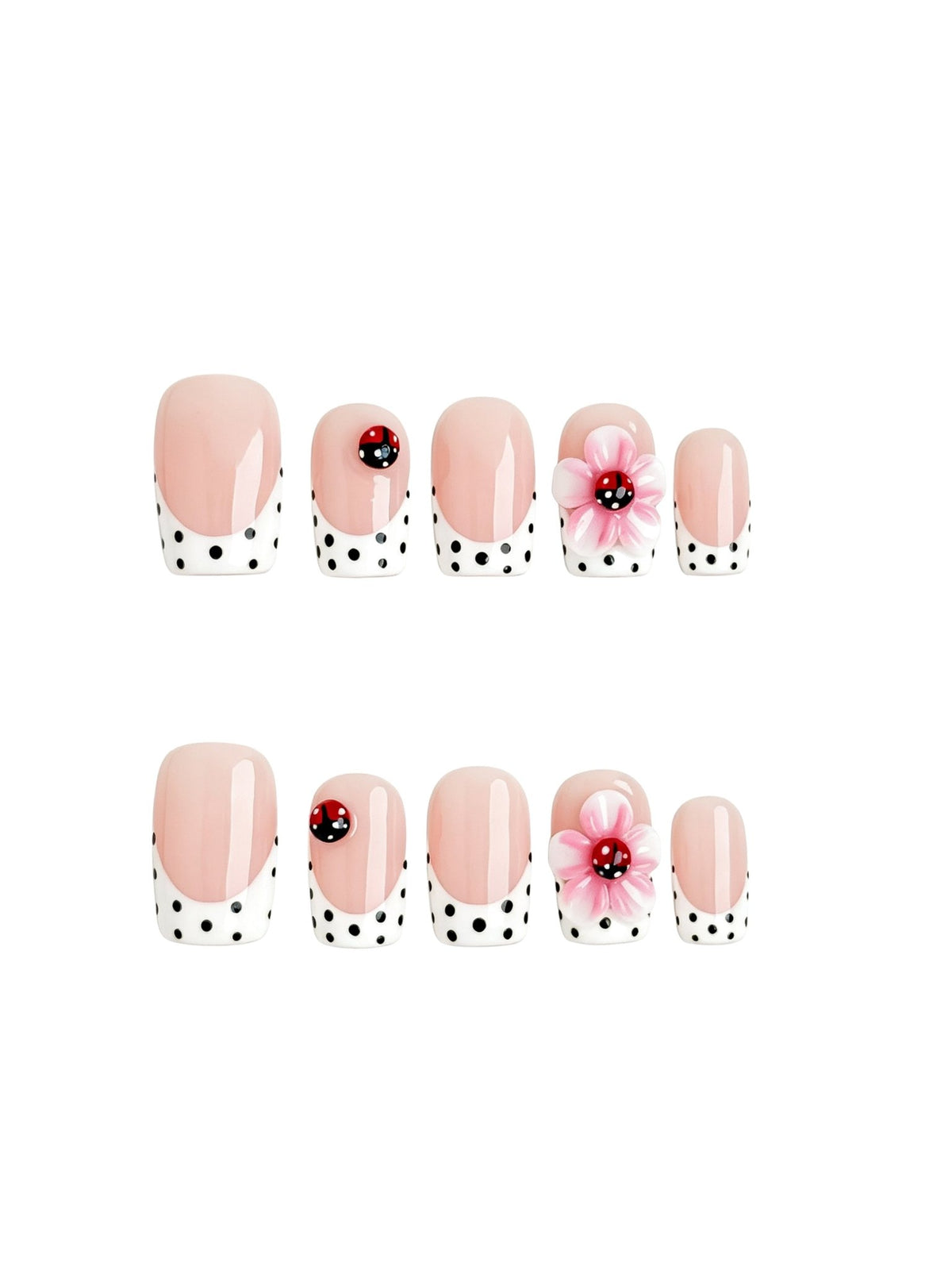 Rosé Ladybird Floral French Press On Nails Short Square
