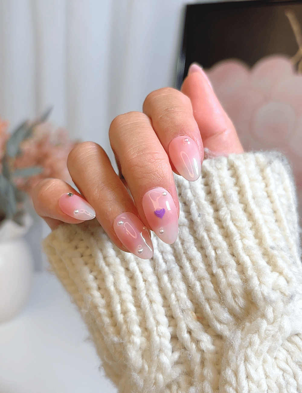 Pink Heart Pearl Press-On Nails – Soft Almond Design for Cute & Elegant Looks