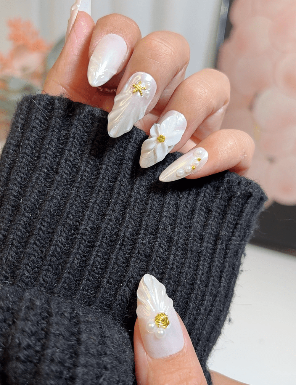 Pearl White 3D Floral Press-On Nails – Medium Almond