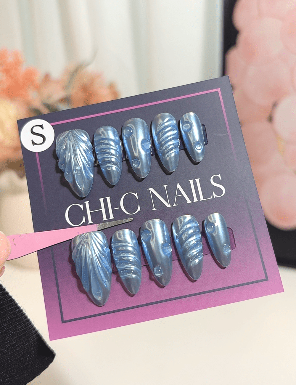 Blue Pearl Waves 3D Press-On Nails
