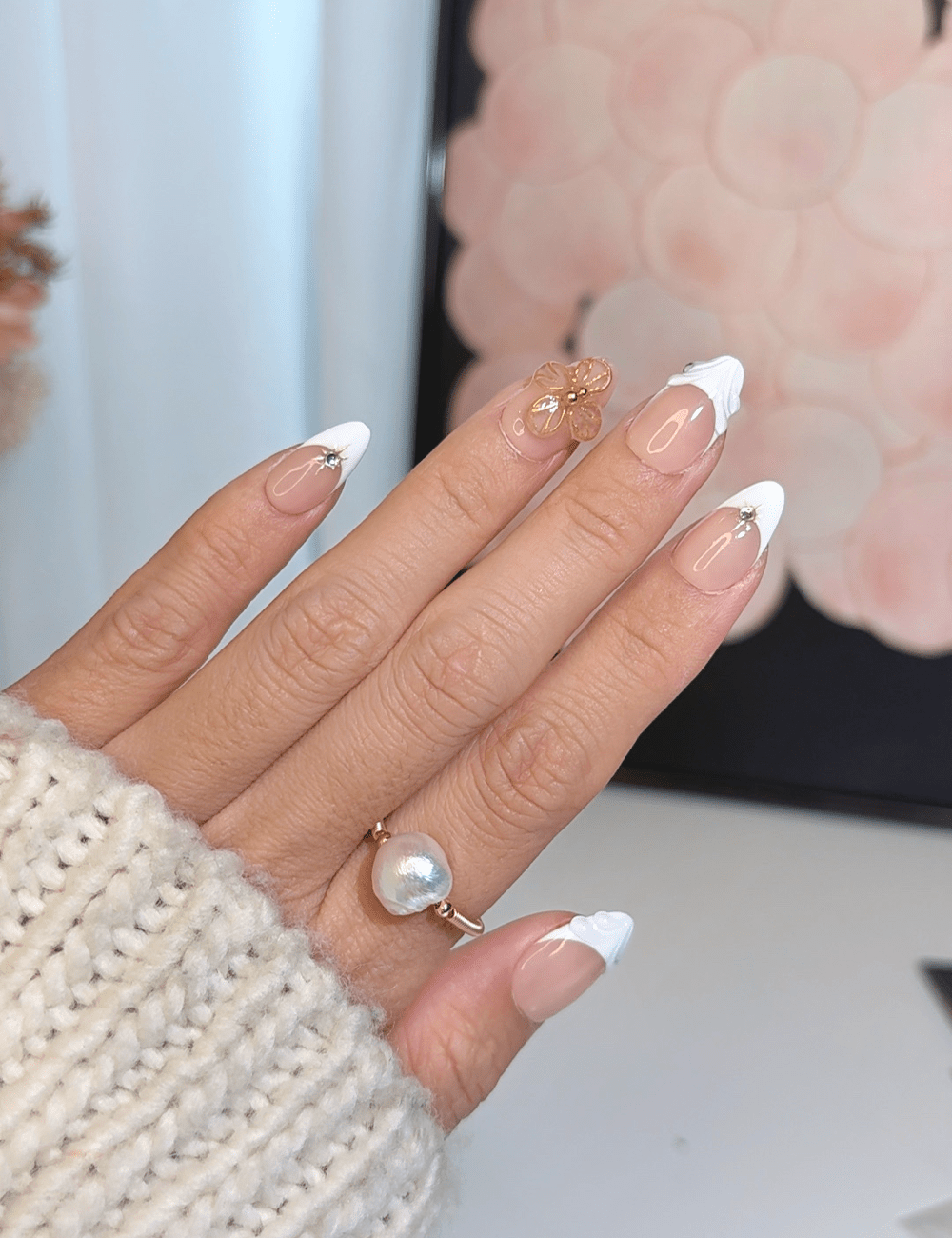 Elegant Gold Flower & French Tip Press-On Nails