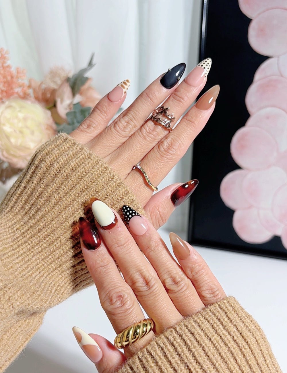 Tortoiseshell & Monochrome Medium Almond Nails