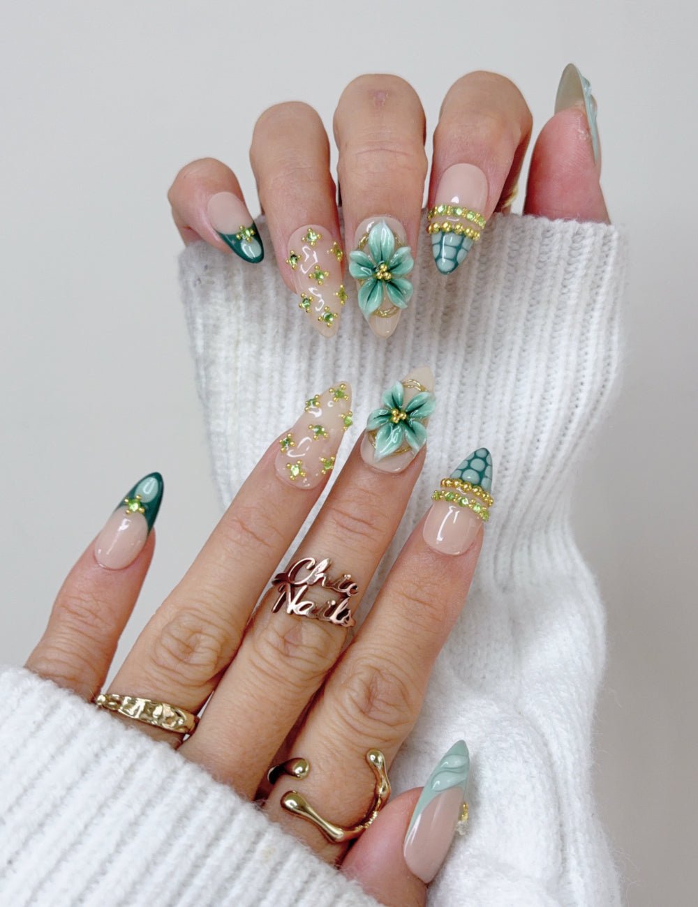 Emerald Green 3D Floral Medium Almond Press On Nails