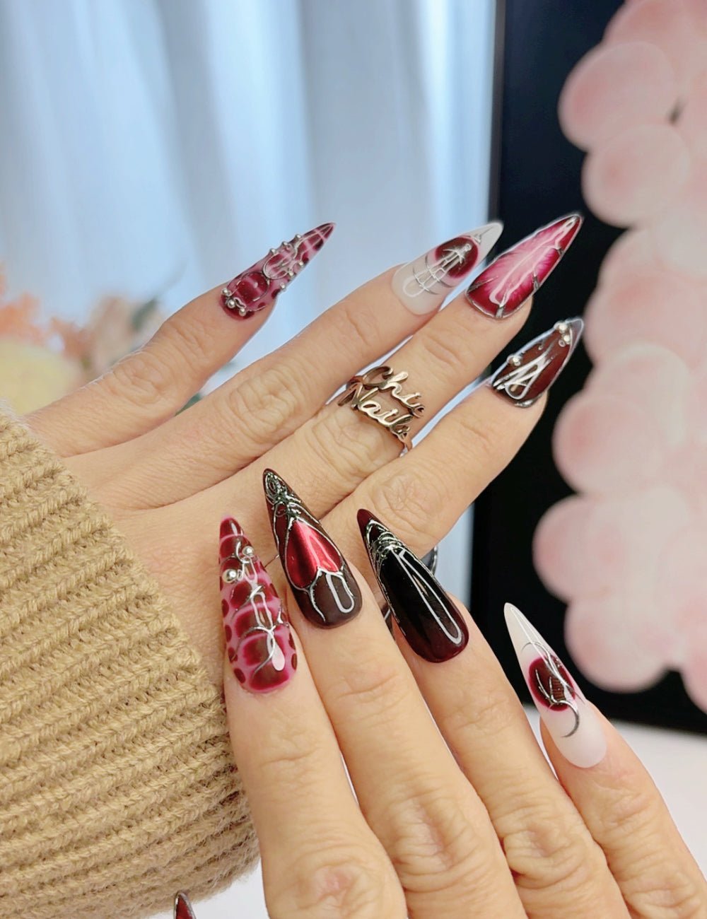 Handmade Dark Red Gothic Chrome Long Stiletto Press-On Nails