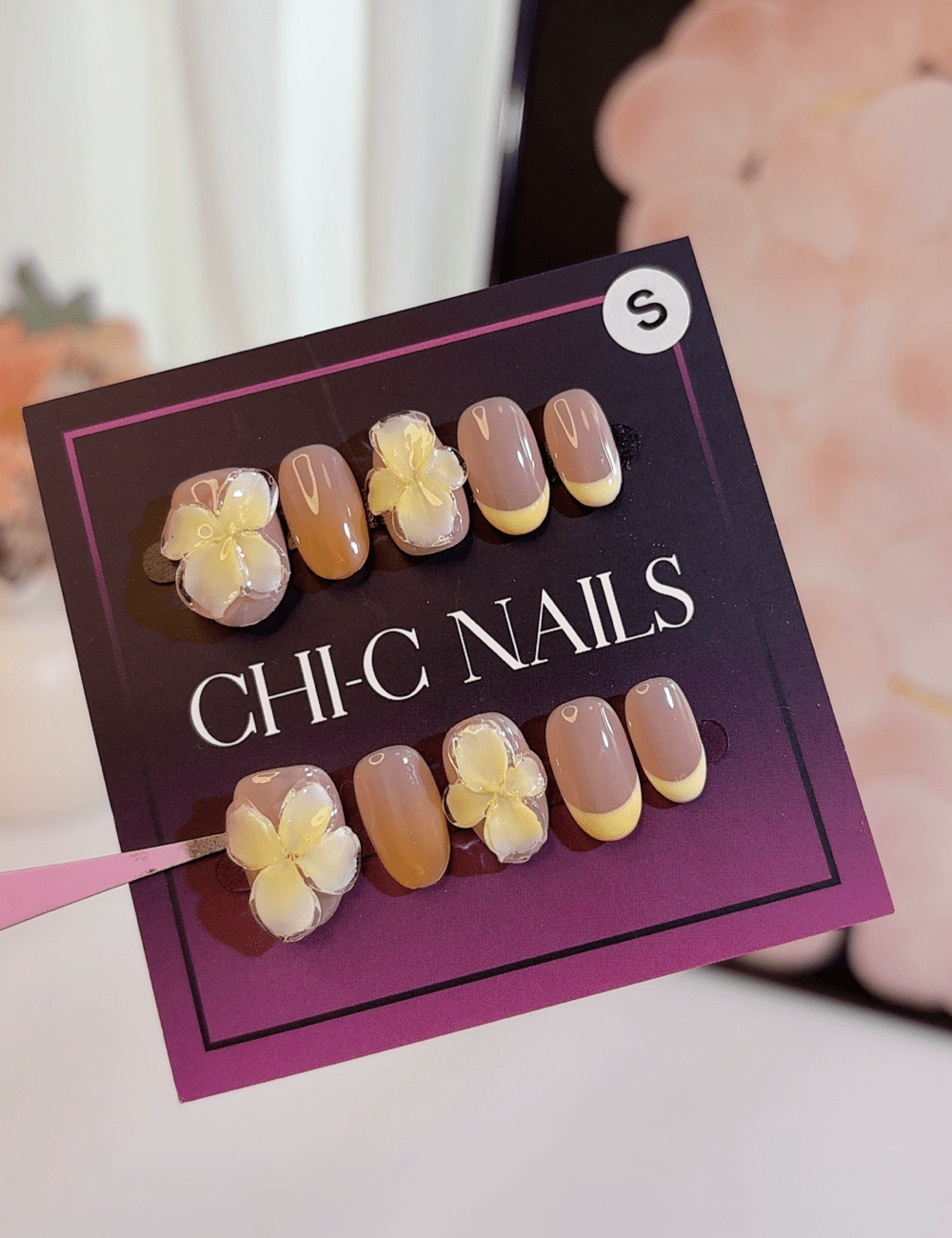 Yellow French Flower Press-On Nails – Short Oval | 3D Summer Floral Design