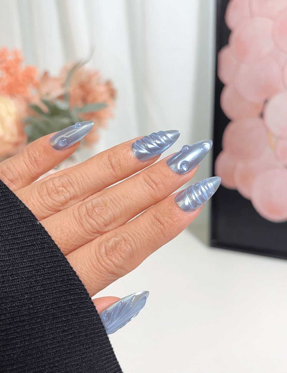 Blue Pearl Waves 3D Press-On Nails