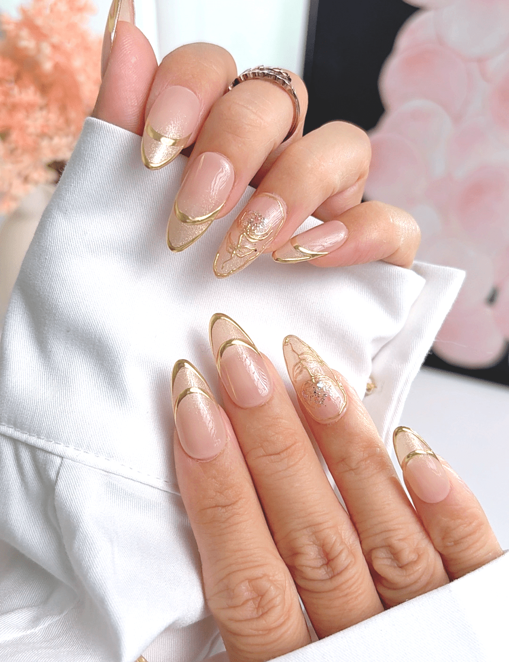 Gold Line French Press On Nails | Nude Almond Nails | Elegant Minimal Gold Design | Handmade Press On Nails
