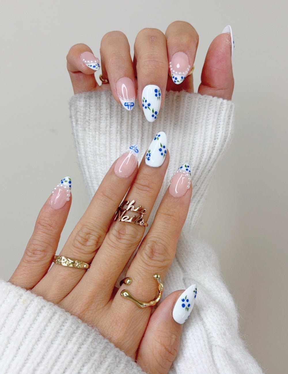 Blue Floral French Short Almond Press On Nails
