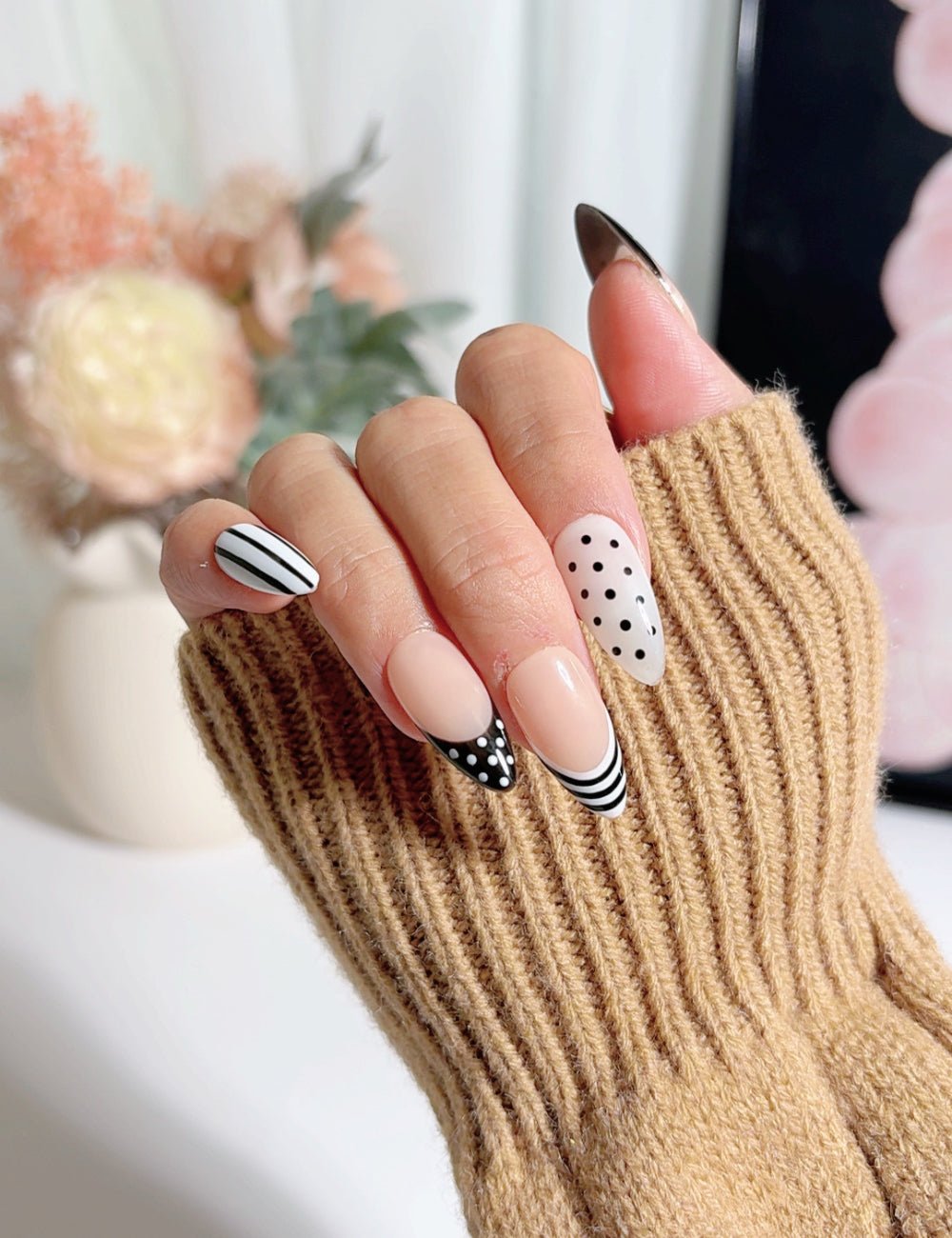 Monochrome Dot & Stripe Medium Almond Nails