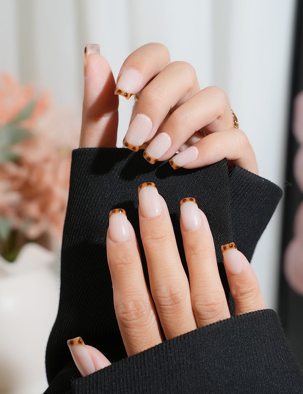 Tortoiseshell French Tip Press-On Nails – Short Square with Nude Base