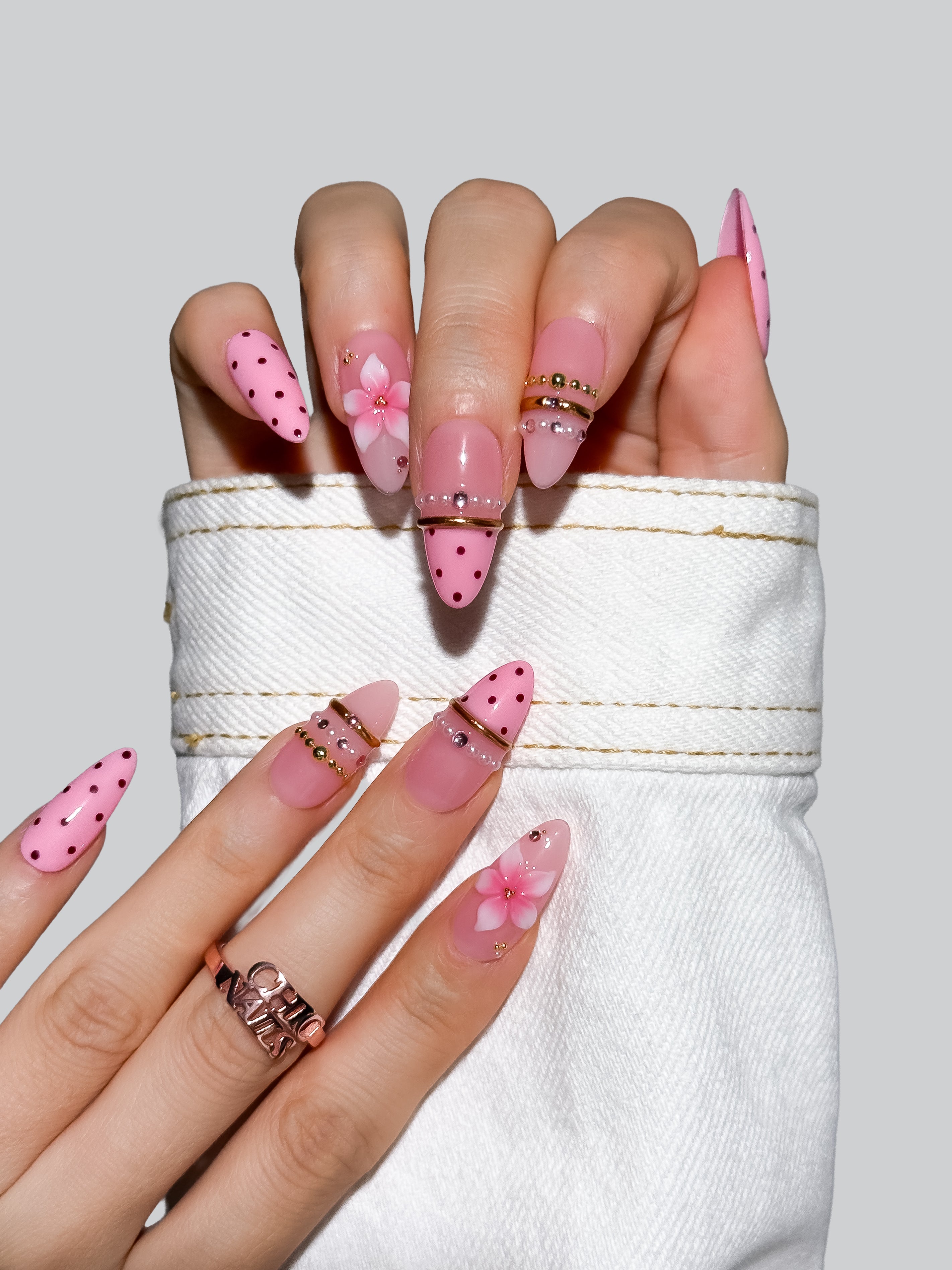 Handmade Pink Polka Dot Floral Press-On Nails – Medium Almond