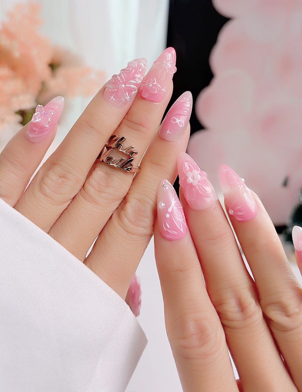 Pink Floral Press On Nails with Glue, Medium Almond, Handmade 3D Flower Nails, Soft Gradient Artistic Nails