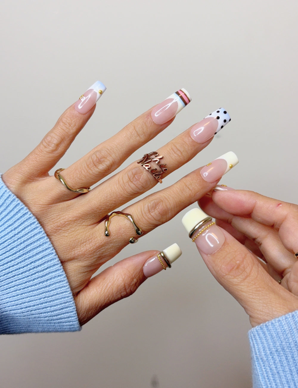 Handmade White French Polka Dot Press-On Nails – Medium Square