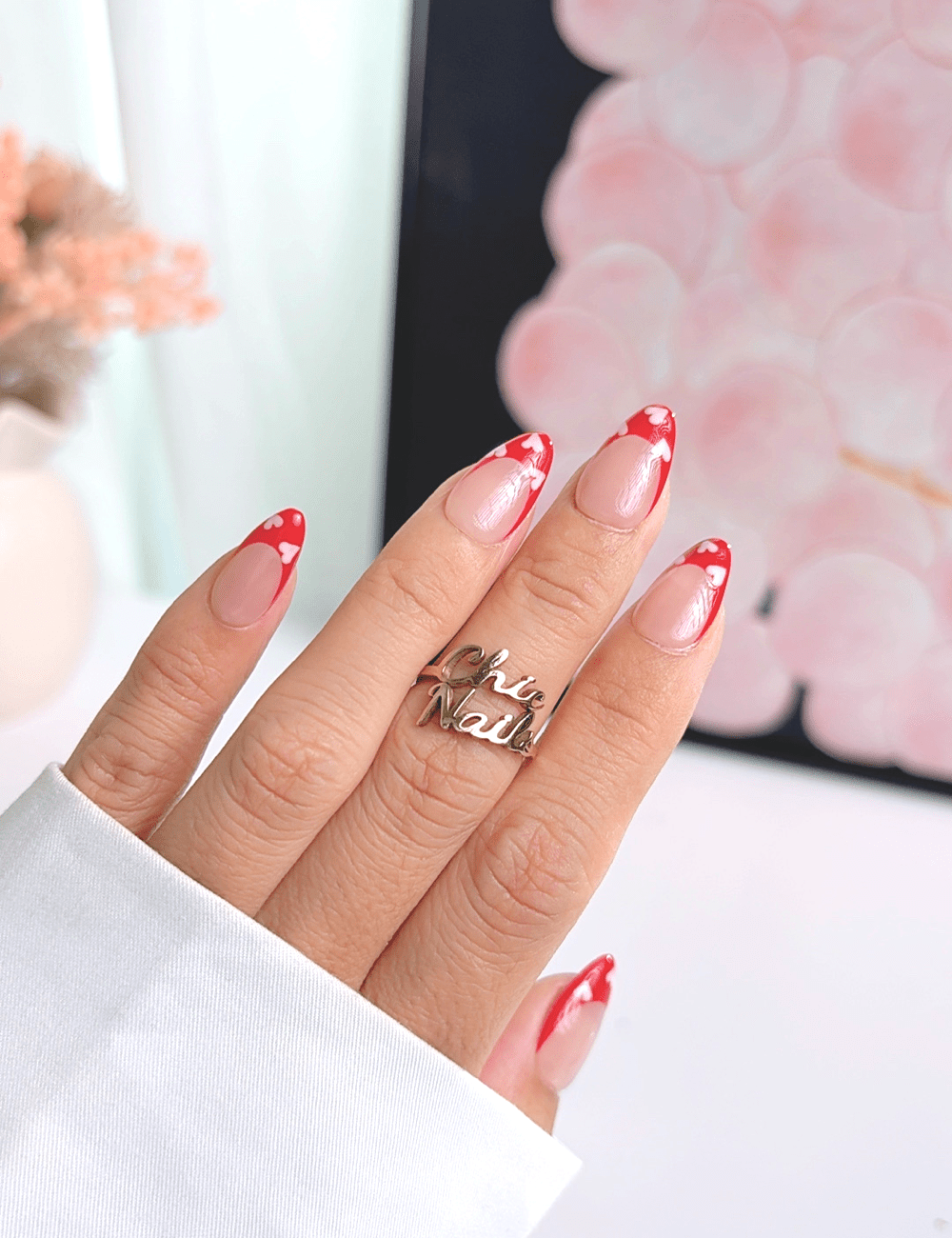 Red Heart French Press On Nails | Nude Short Almond Nails | Valentine Heart Design | Handmade Press On Nails