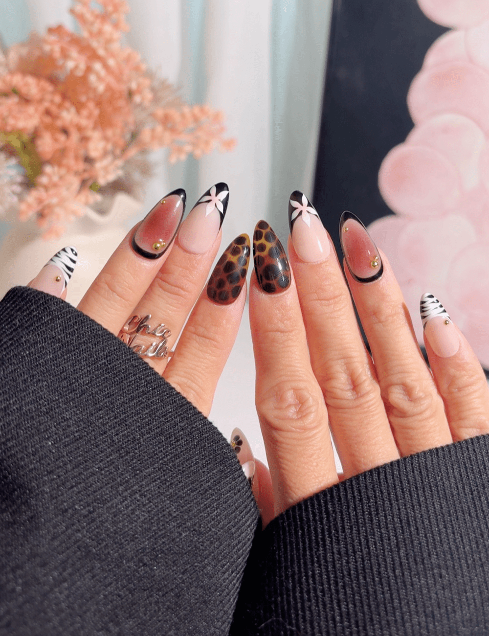 Black & Nude Floral Leopard Press-On Nails – Medium Almond