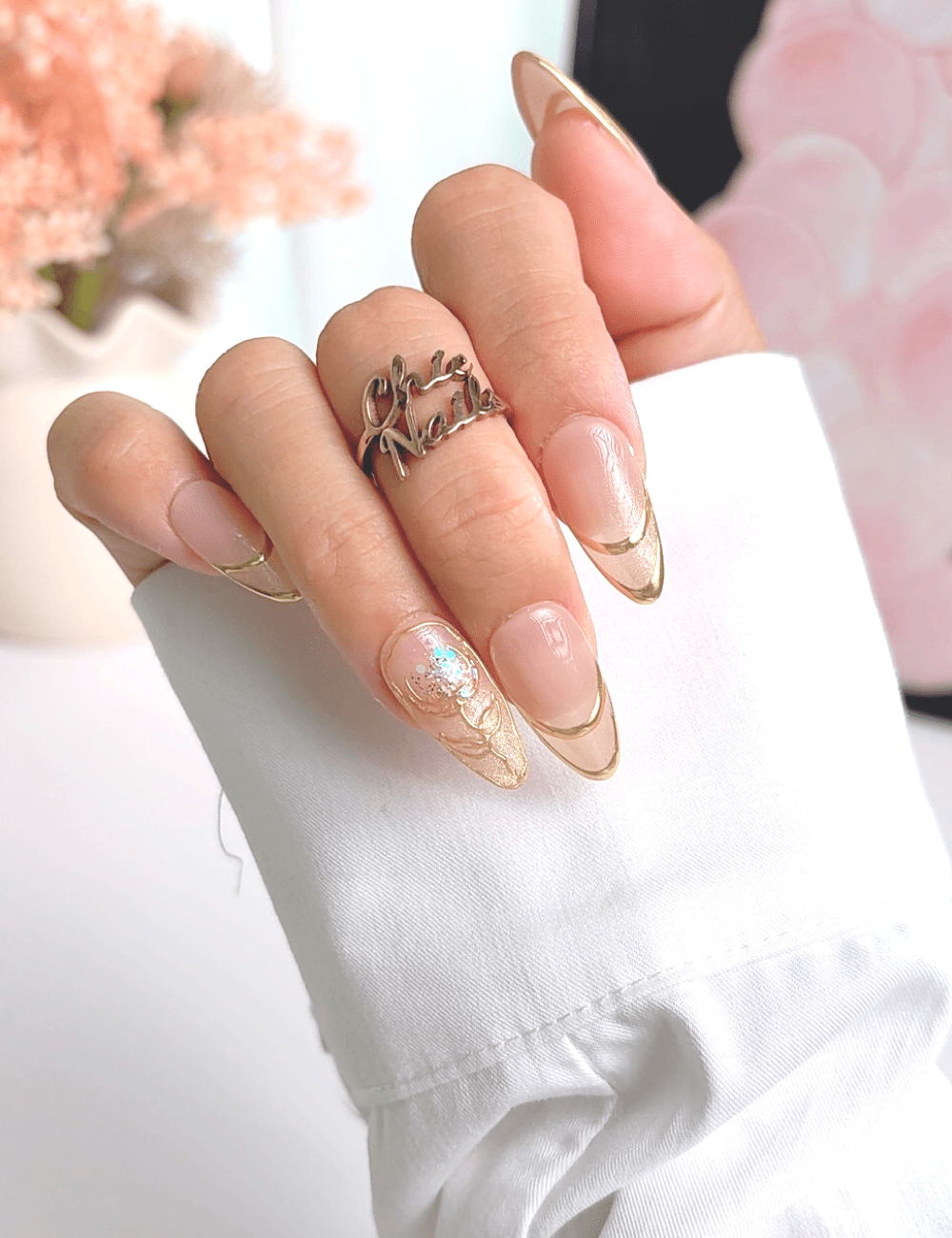 Gold Line French Press On Nails | Nude Almond Nails | Elegant Minimal Gold Design | Handmade Press On Nails