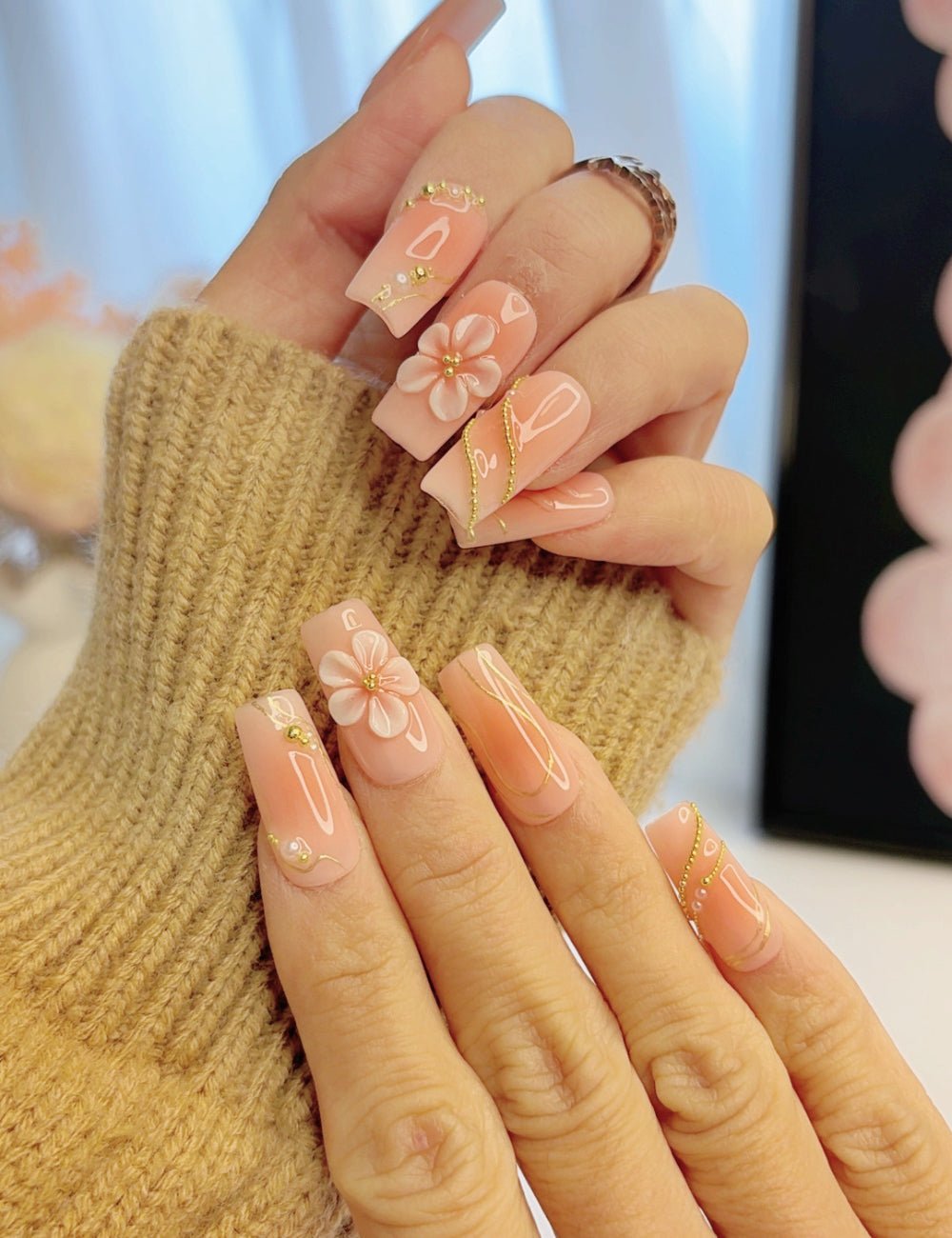 Handmade Peach Apron 3D Floral Long Square Press-On Nails