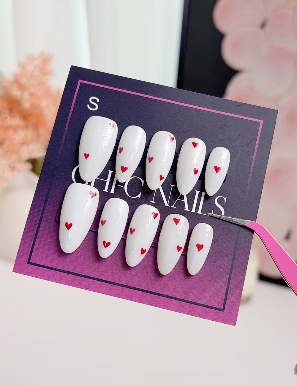 White Heart Press-On Nails | Medium Almond Valentine Handmade Set