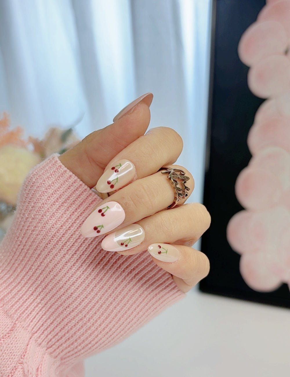 Handmade Sweet Cherry Pink Short Almond Press-On Nails