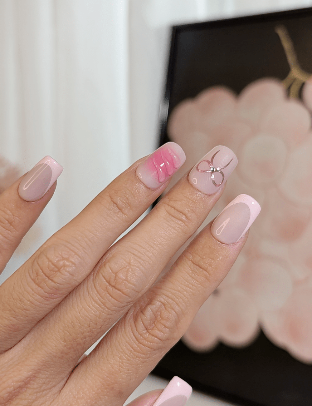 Pink Bow French Press-On Nails – Middle Square Cute Barbie Style with 3D Swirls