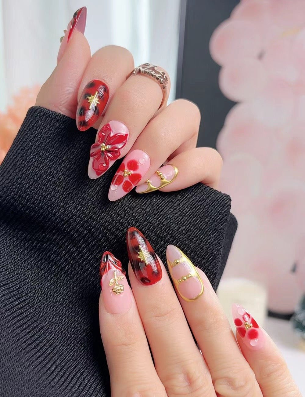 Red Floral Press On Nails with Glue, Medium Almond, Handmade 3D Flower Nails, Gold Detail Artistic Nails