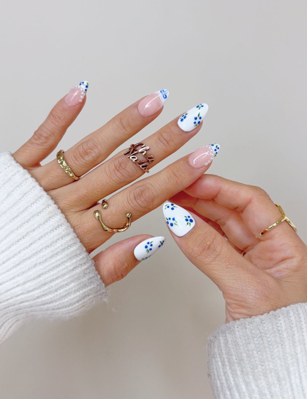 Blue Floral French Short Almond Press On Nails