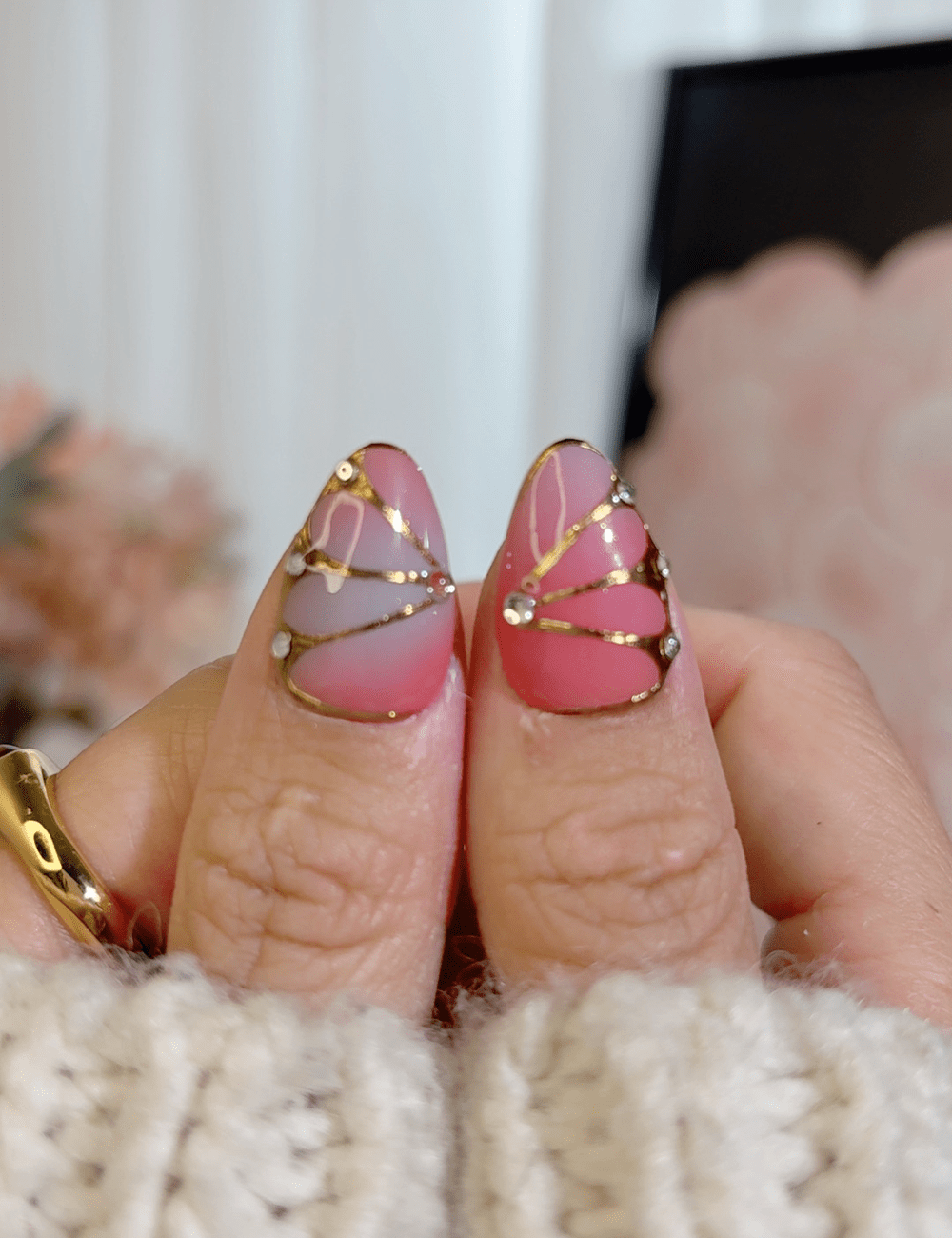 Coral Pink Celestial Press-On Nails – Short Almond with Gold Star & Moon Accents