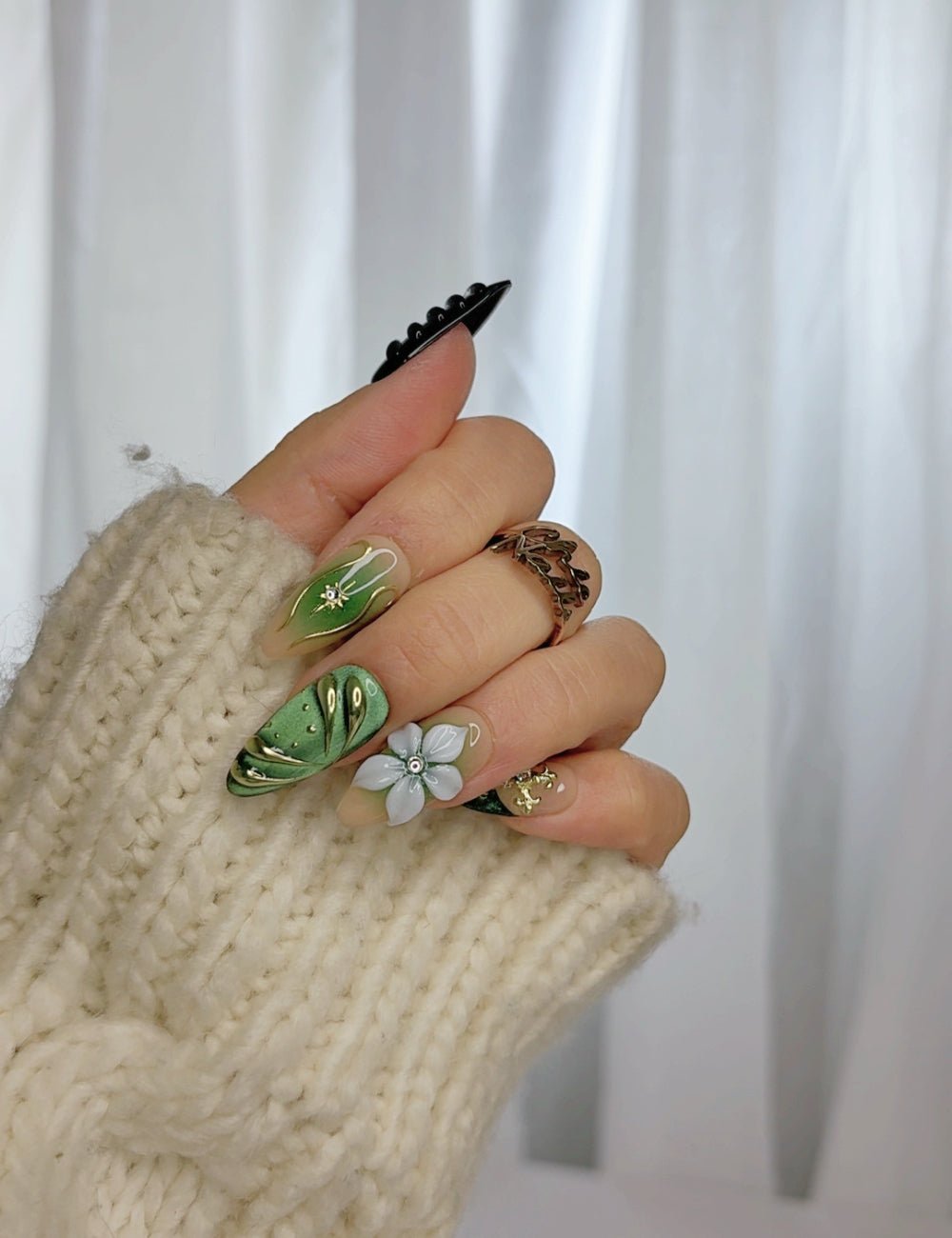 Forest Bloom Cross Press-On Nails | Green Marble Floral Nail Set
