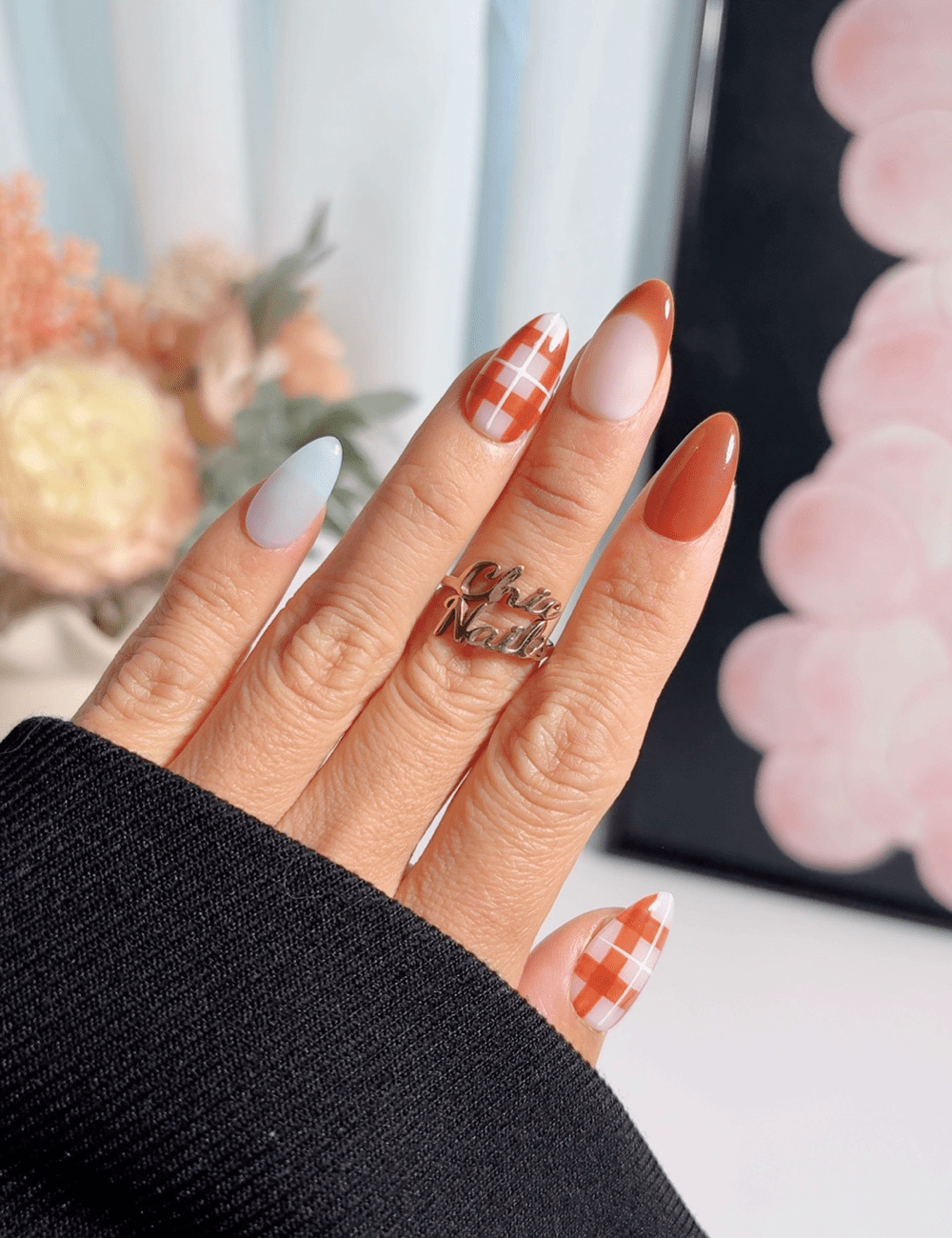 Terracotta Gingham & French Tip Press On Nails | Autumn Harvest Edition
