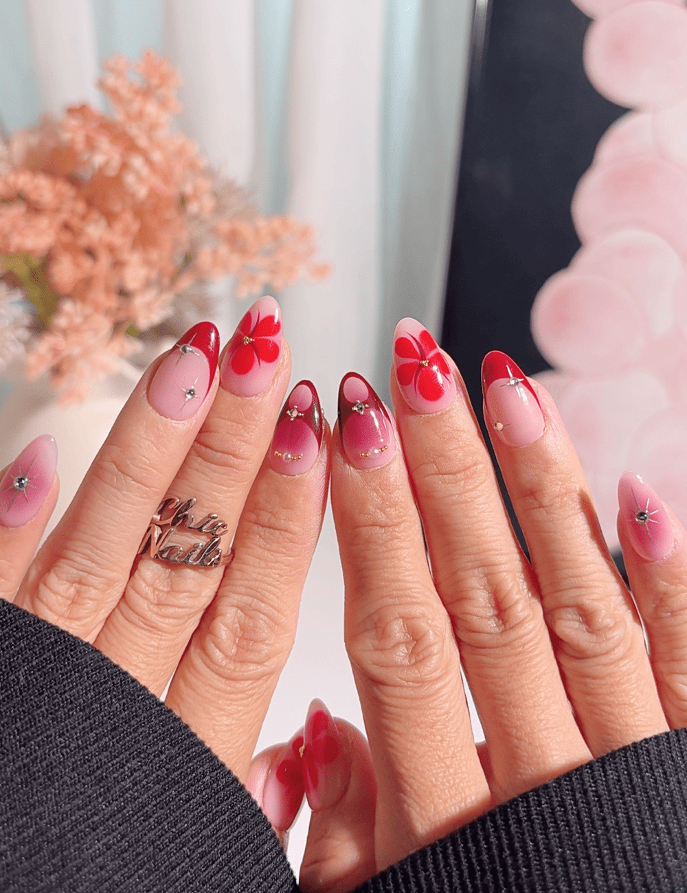 Pink Red Floral Press-On Nails – Short Almond