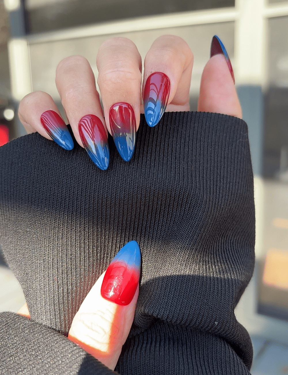 Medium Red to Blue Ombré Press-On Nails – Bold Gradient Almond Design