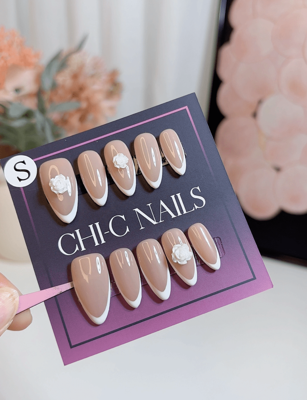 Middle Almond Pink Floral Press-On Nails – 3D Orchid Ombre Design