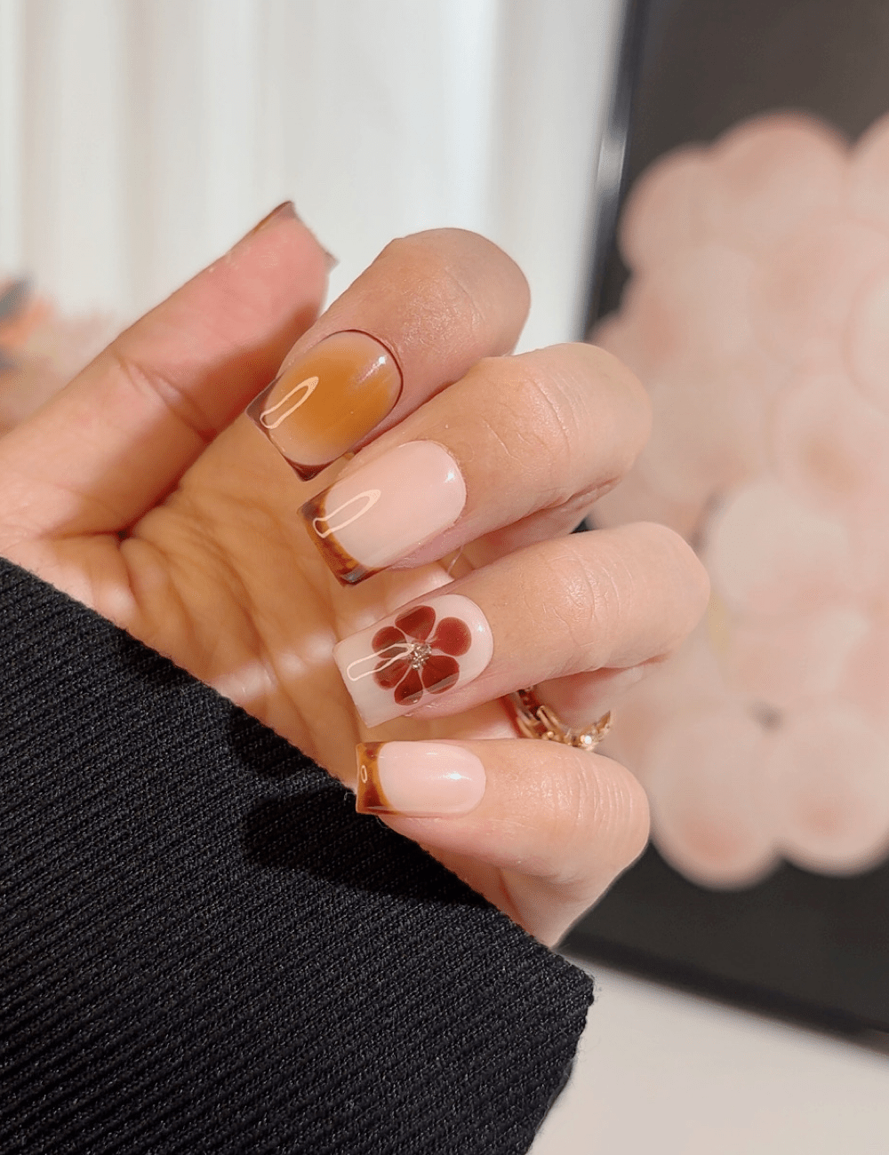 Amber French Press-On Nails with 3D Brown Flower – Middle Square Autumn Design