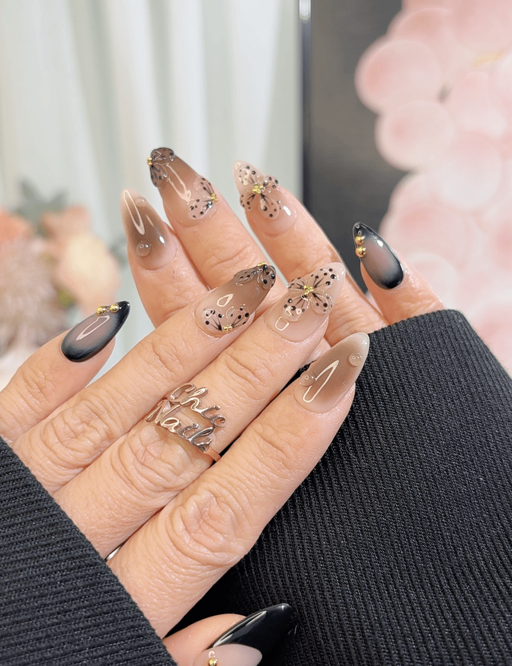 Black Butterfly Floral Ombre Press-On Nails – Medium Almond
