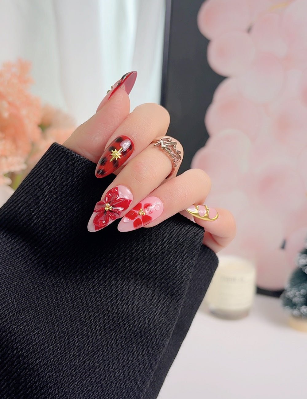 Red Floral Press On Nails with Glue, Medium Almond, Handmade 3D Flower Nails, Gold Detail Artistic Nails