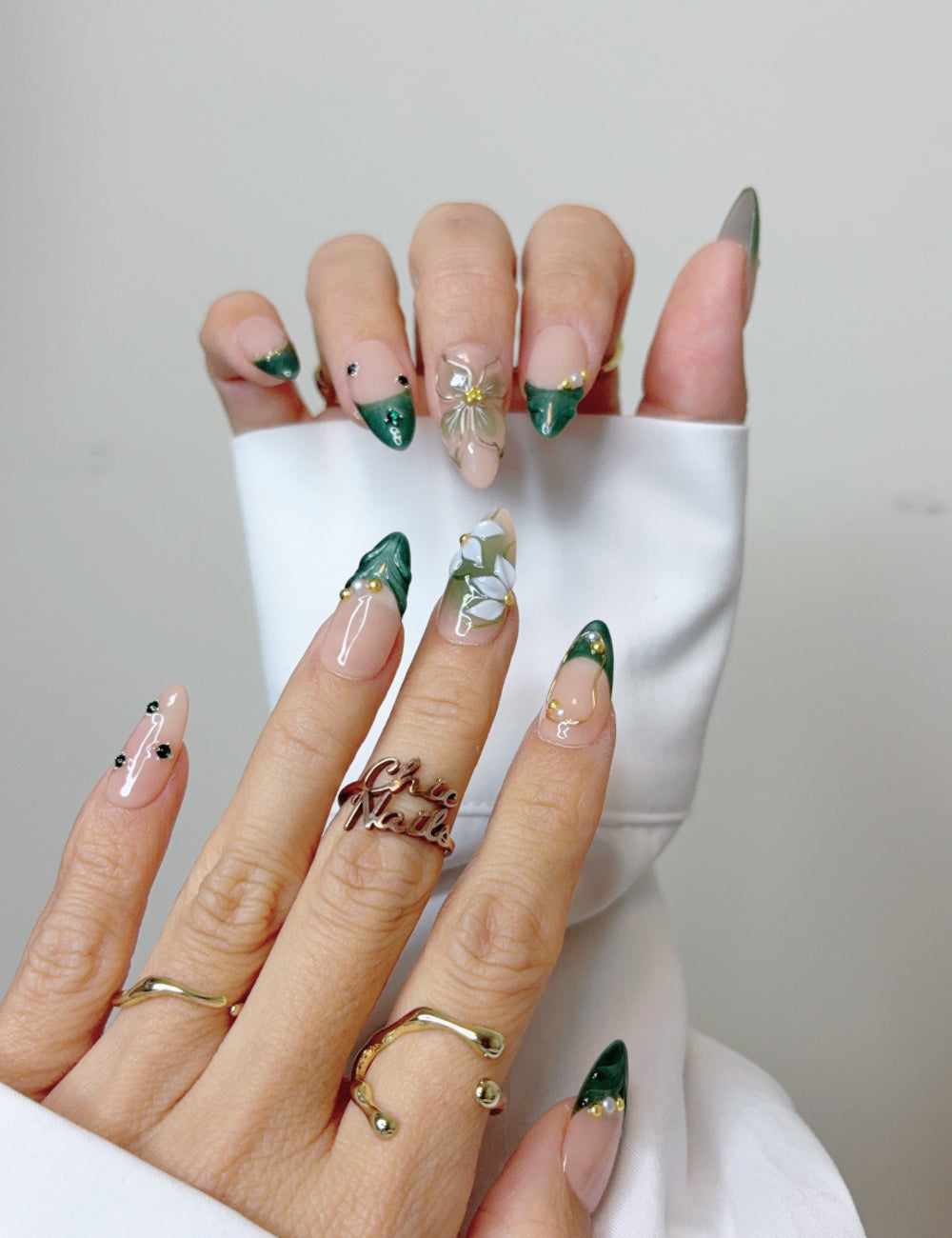 Handmade Emerald Green Floral French Press-On Nails – Medium Almond