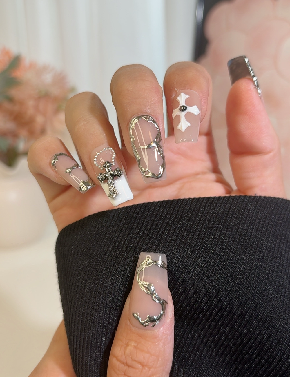 Black Chrome Cross Press-On Nails – Long Square with Chains, Letters & Gothic Accents