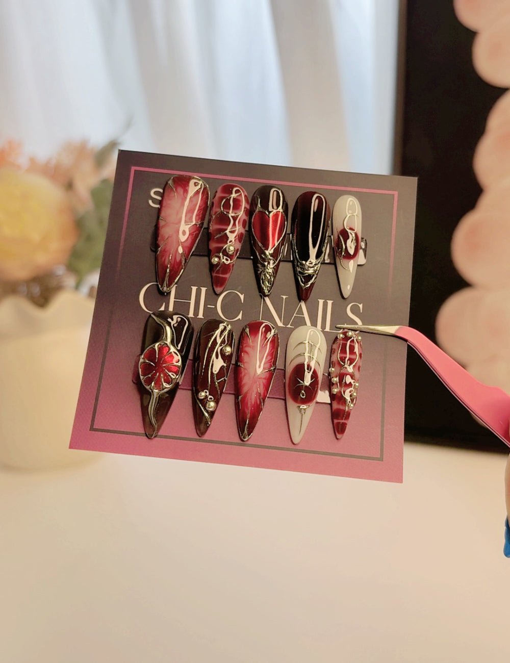 Handmade Dark Red Gothic Chrome Long Stiletto Press-On Nails