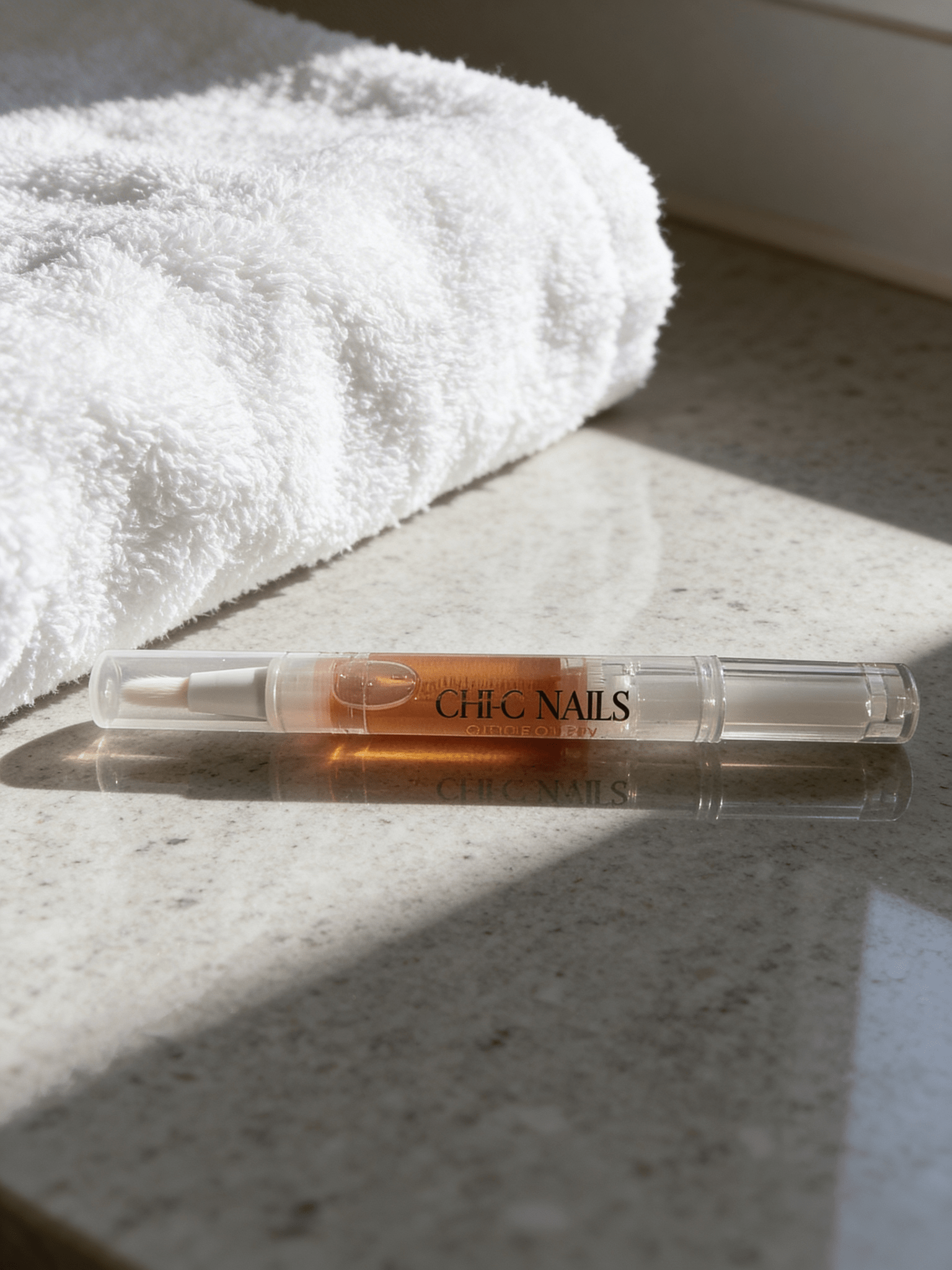 CHI-C NAILS Press-on Nails Remover Pen on luxury marble bathroom vanity with white towel