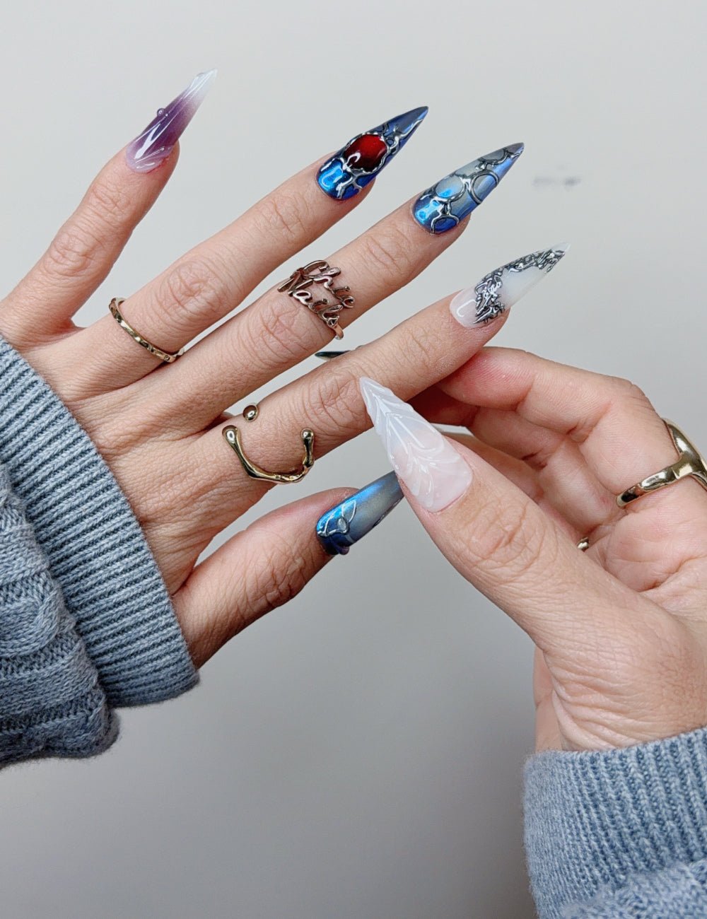 Blue Gothic Fantasy Long Stiletto Press On Nails