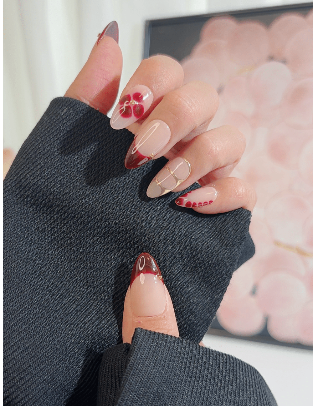 Burgundy Floral French Press-On Nails | Medium Almond
