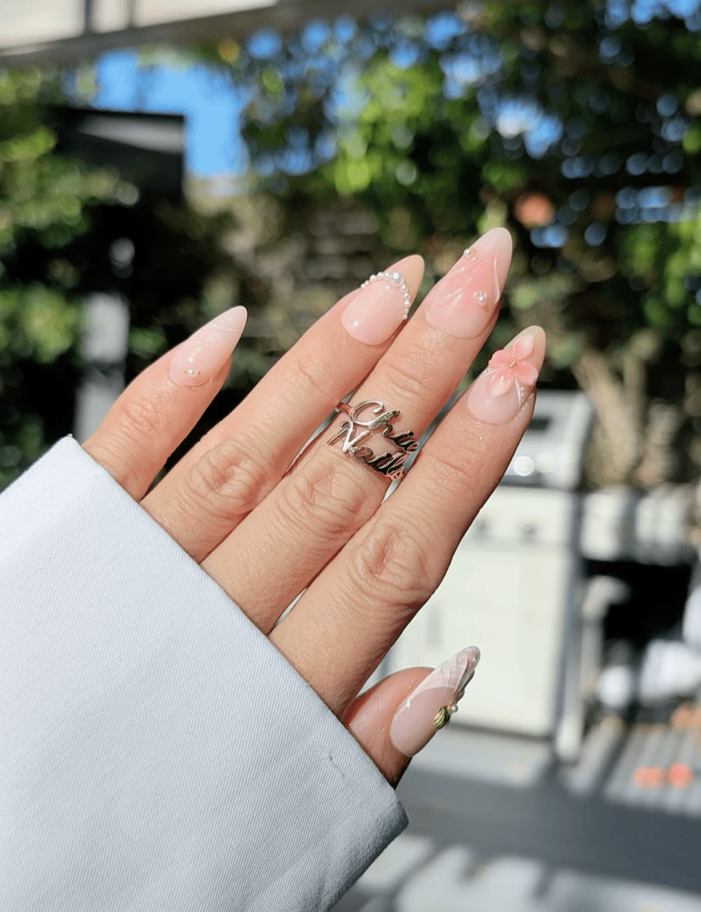 Pink Blossom Pearl Press-On Nails – Soft Yellow Tips & 3D Floral Design