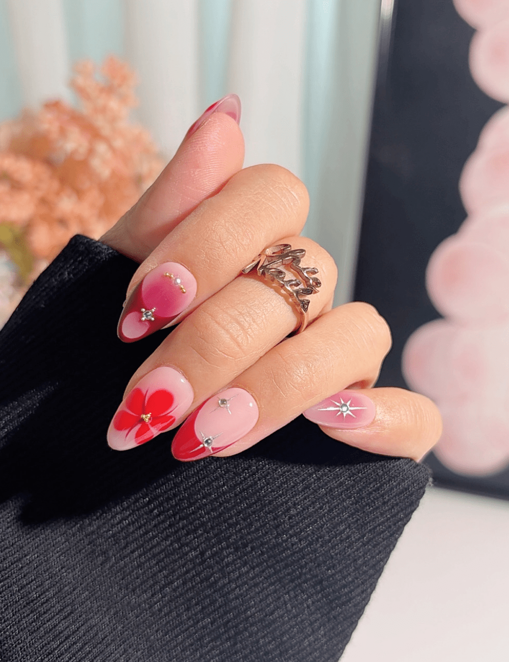 Pink Red Floral Press-On Nails – Short Almond