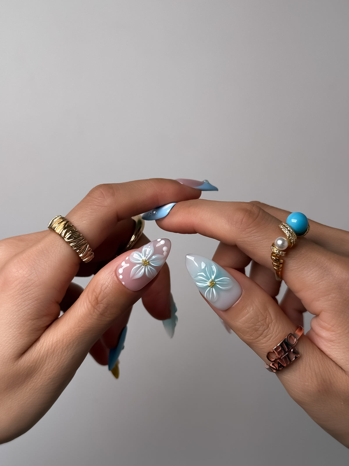 Azure Bloom Medium Almond Press On Nails