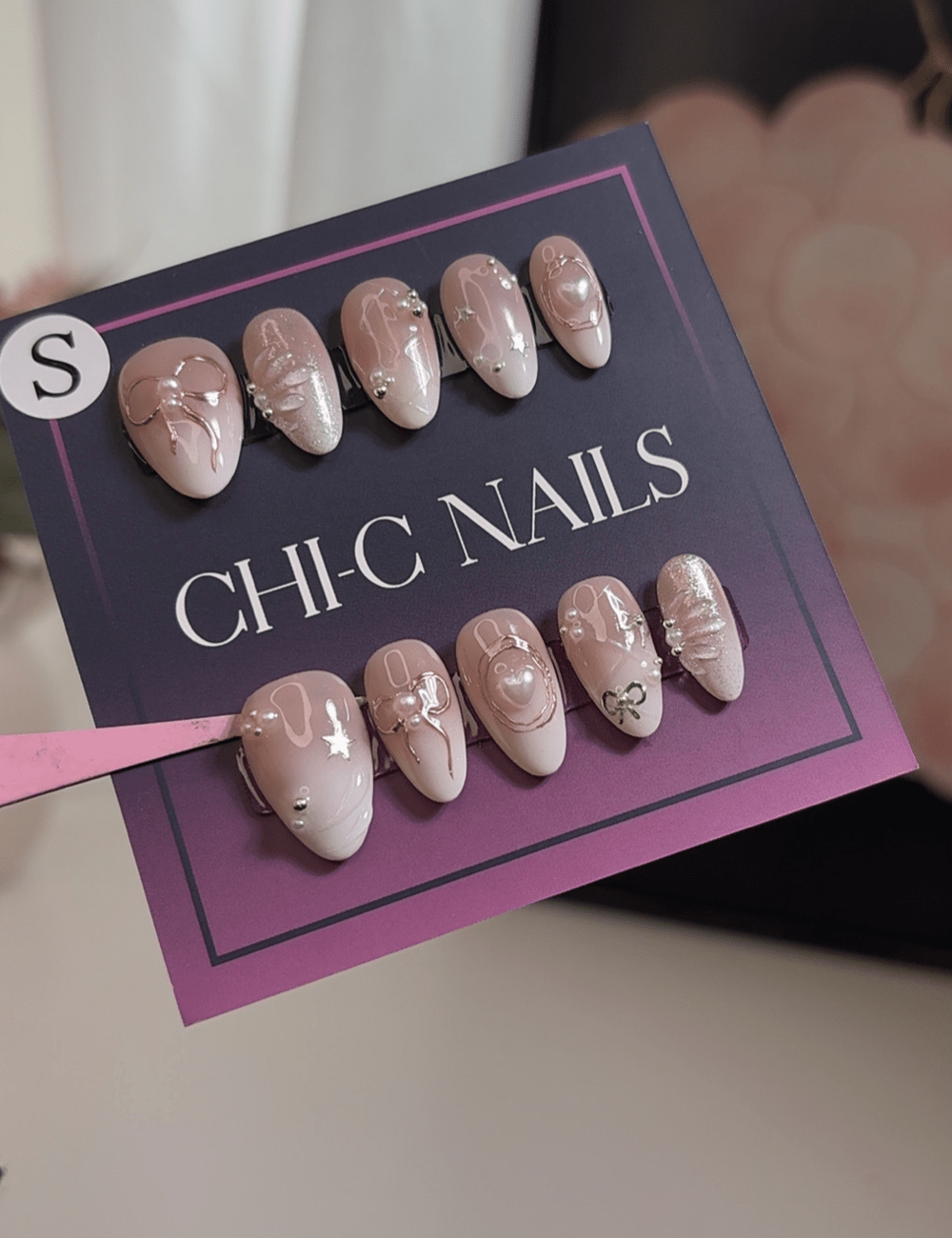 Blush Bow 3D Press-On Nails – Short Almond Romantic Set