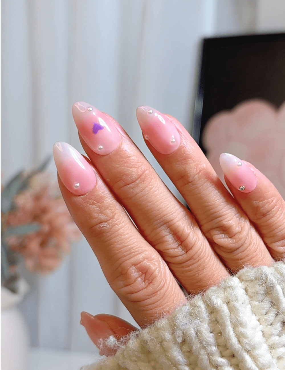 Pink Heart Pearl Press-On Nails – Soft Almond Design for Cute & Elegant Looks
